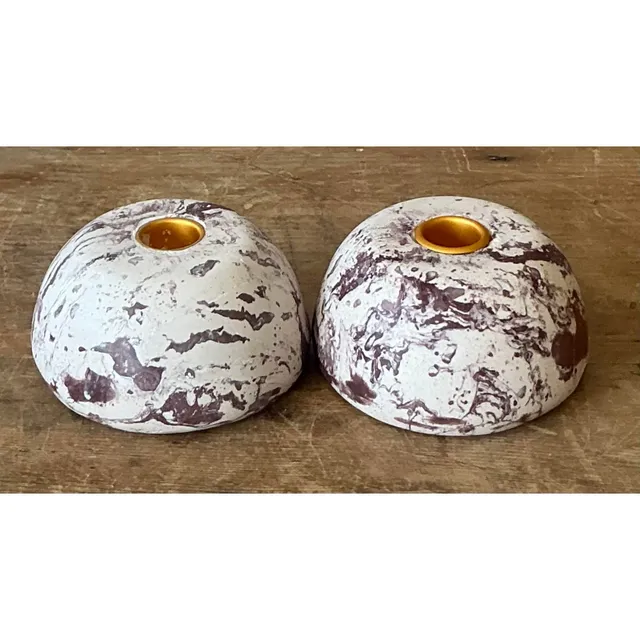 Vintage Boho Artisan Pigmented Plaster Scagliola Low Dome Candlestick Holders - Set of 2 — additional photo 6