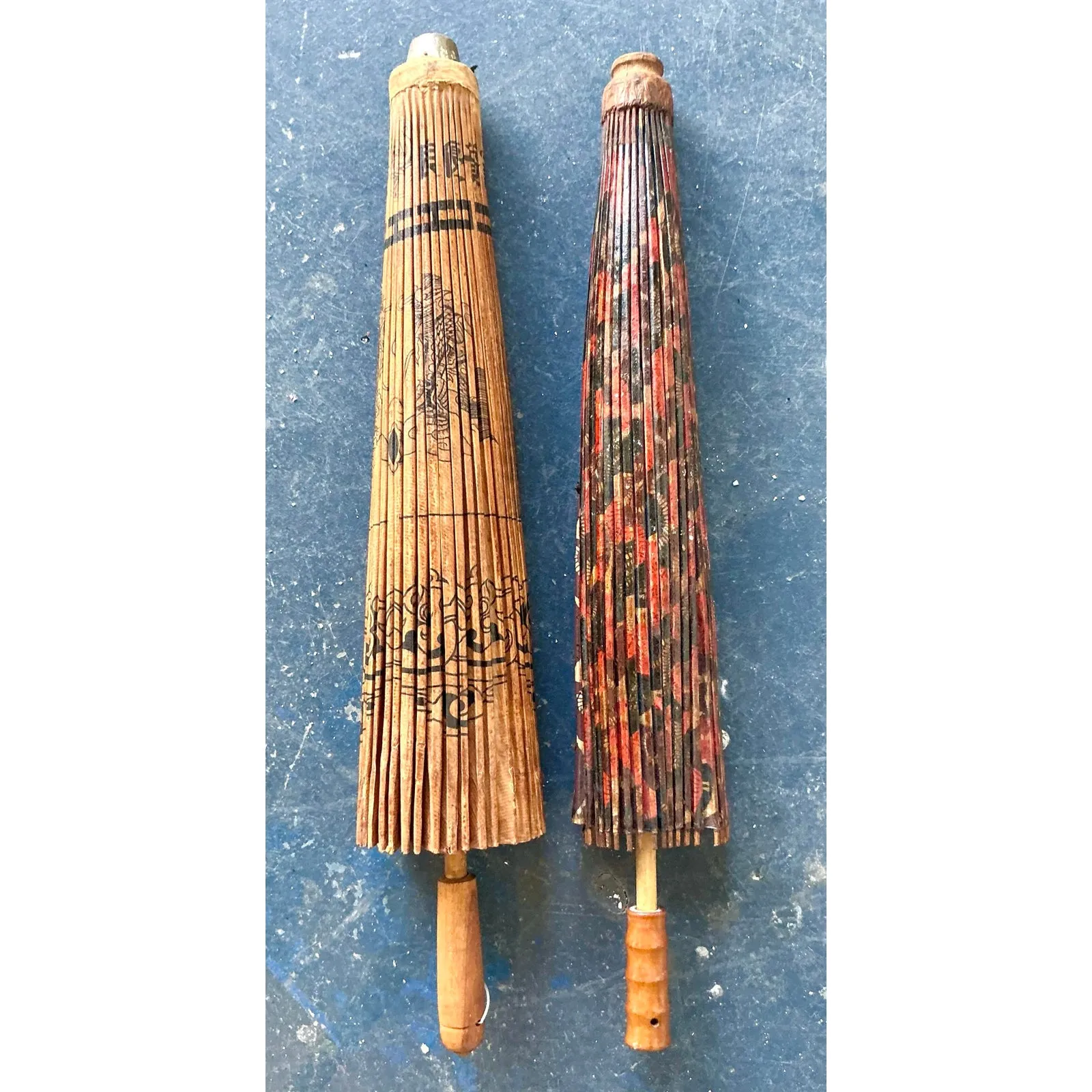 Vintage Boho Asian Patinated Paper Parasols - Set of 2 — additional photo 1