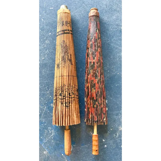 Vintage Boho Asian Patinated Paper Parasols - Set of 2 — additional photo 1
