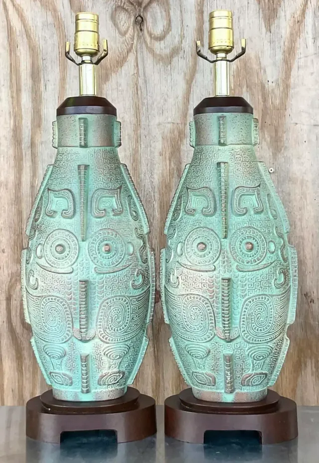 Vintage Boho Aztec Ceramic Lamps - a Pair — additional photo 2