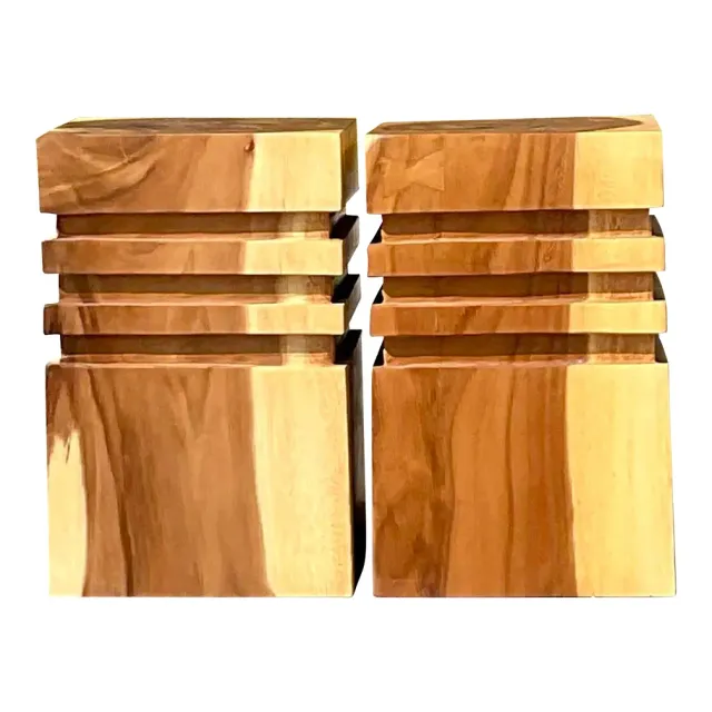 Vintage Boho Banded Wood Low Stools - a Pair — additional photo 1