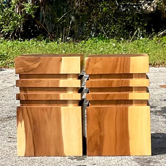 Vintage Boho Banded Wood Low Stools - a Pair — additional photo 2