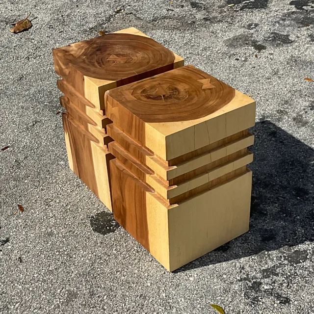 Vintage Boho Banded Wood Low Stools - a Pair — additional photo 5