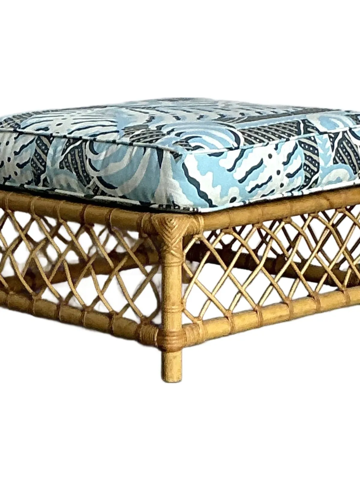 Vintage Boho Bielecky Brothers Trellis Rattan Ottoman in Alan Campbell “Ferns” — additional photo 1
