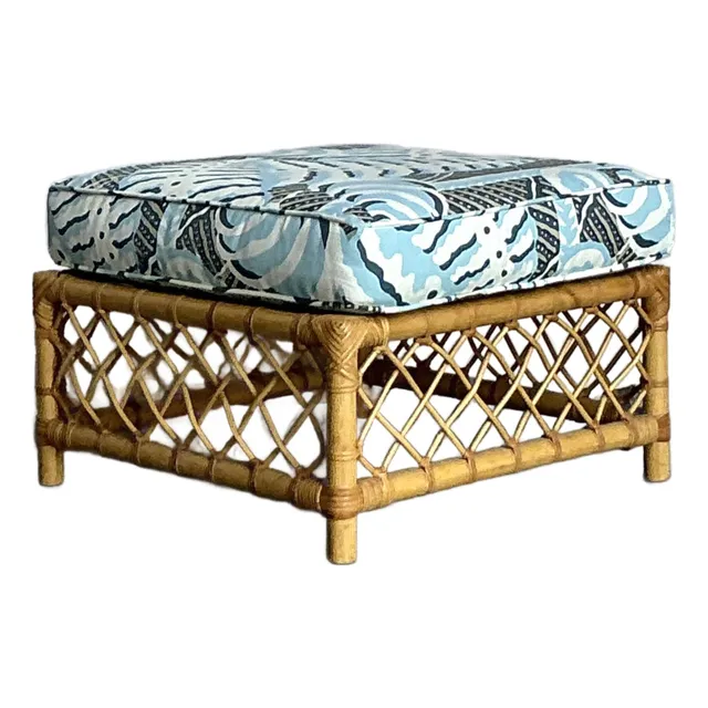 Vintage Boho Bielecky Brothers Trellis Rattan Ottoman in Alan Campbell “Ferns” — additional photo 1