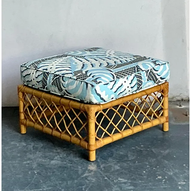 Vintage Boho Bielecky Brothers Trellis Rattan Ottoman in Alan Campbell “Ferns” — additional photo 2