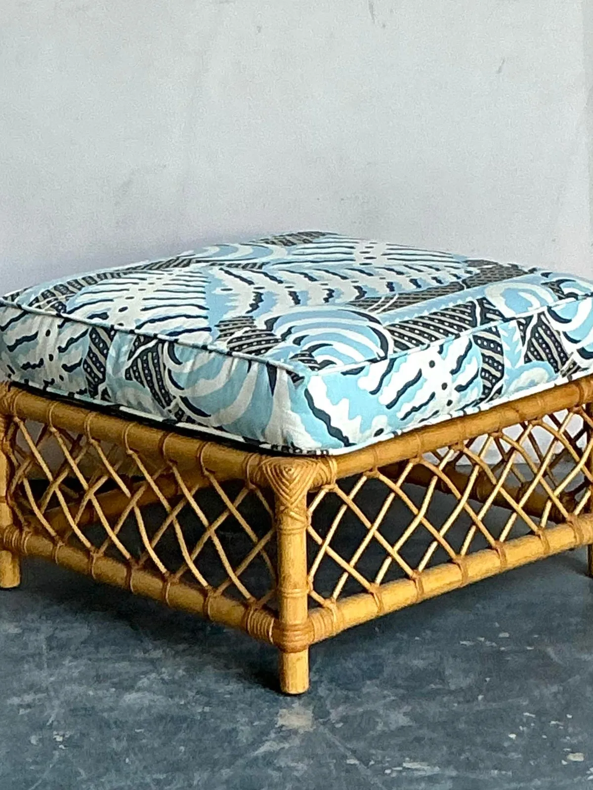 Vintage Boho Bielecky Brothers Trellis Rattan Ottoman in Alan Campbell “Ferns” — additional photo 3