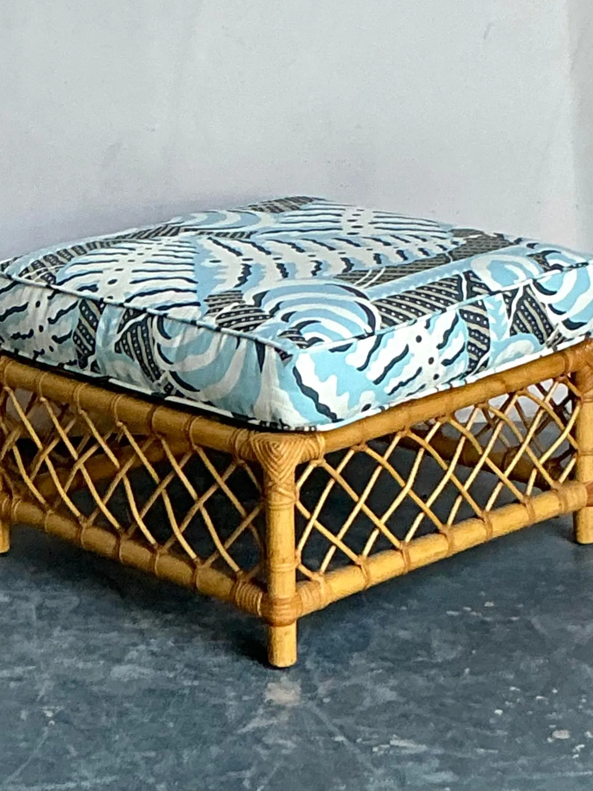 Vintage Boho Bielecky Brothers Trellis Rattan Ottoman in Alan Campbell “Ferns” — additional photo 4