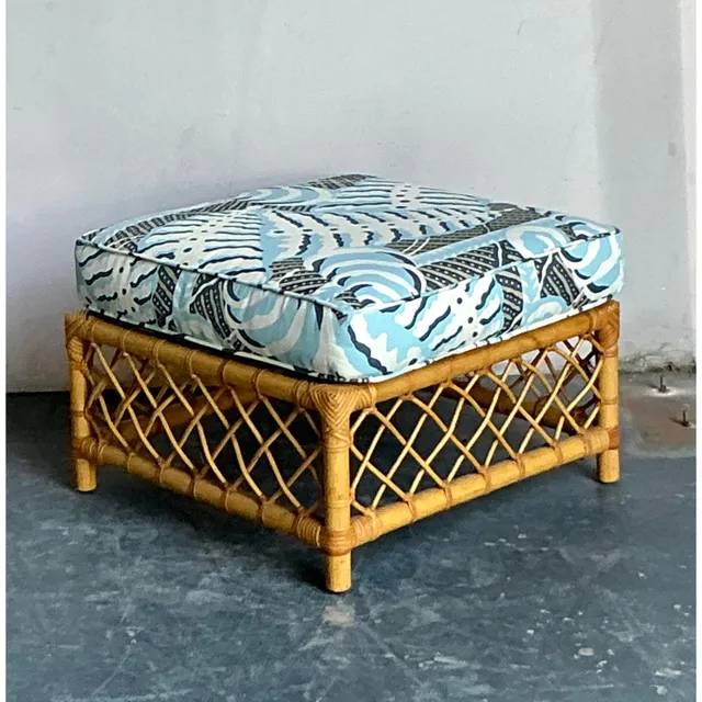 Vintage Boho Bielecky Brothers Trellis Rattan Ottoman in Alan Campbell “Ferns” — additional photo 4