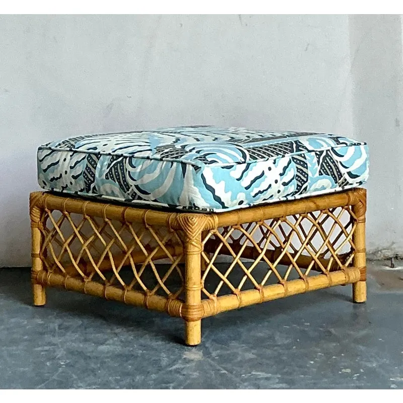 Vintage Boho Bielecky Brothers Trellis Rattan Ottoman in Alan Campbell “Ferns” — additional photo 5