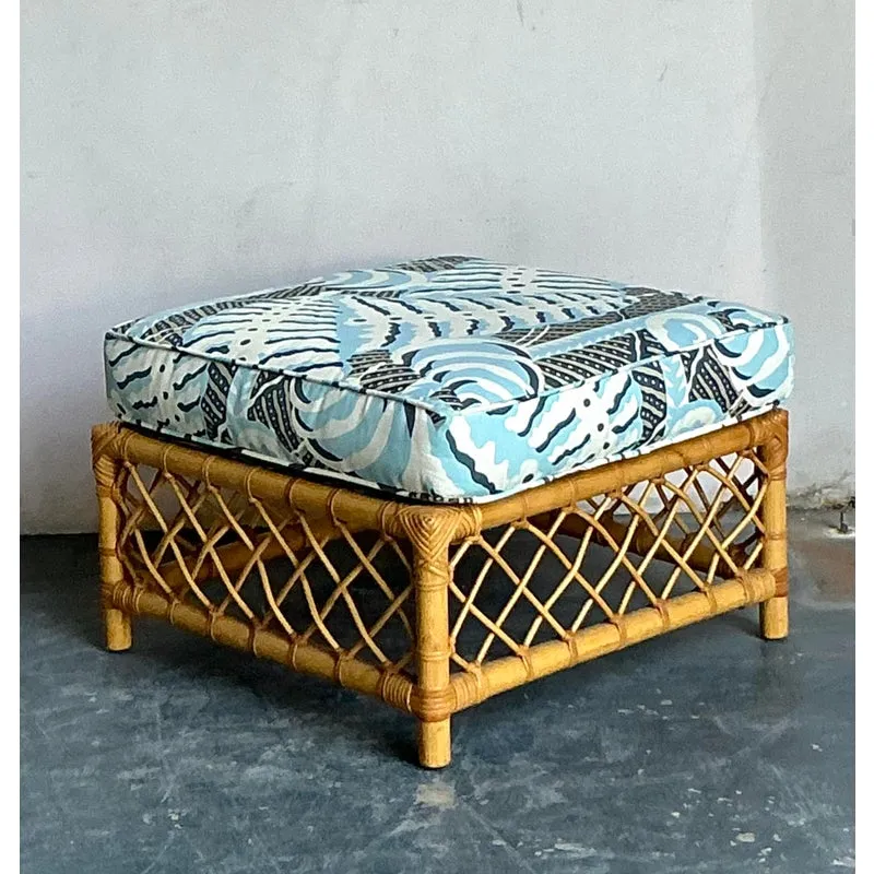 Vintage Boho Bielecky Brothers Trellis Rattan Ottoman in Alan Campbell “Ferns” — additional photo 6