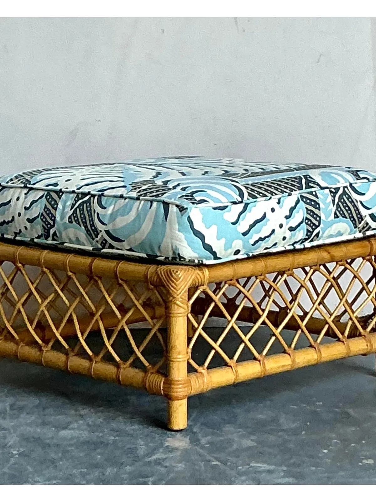 Vintage Boho Bielecky Brothers Trellis Rattan Ottoman in Alan Campbell “Ferns” — additional photo 7