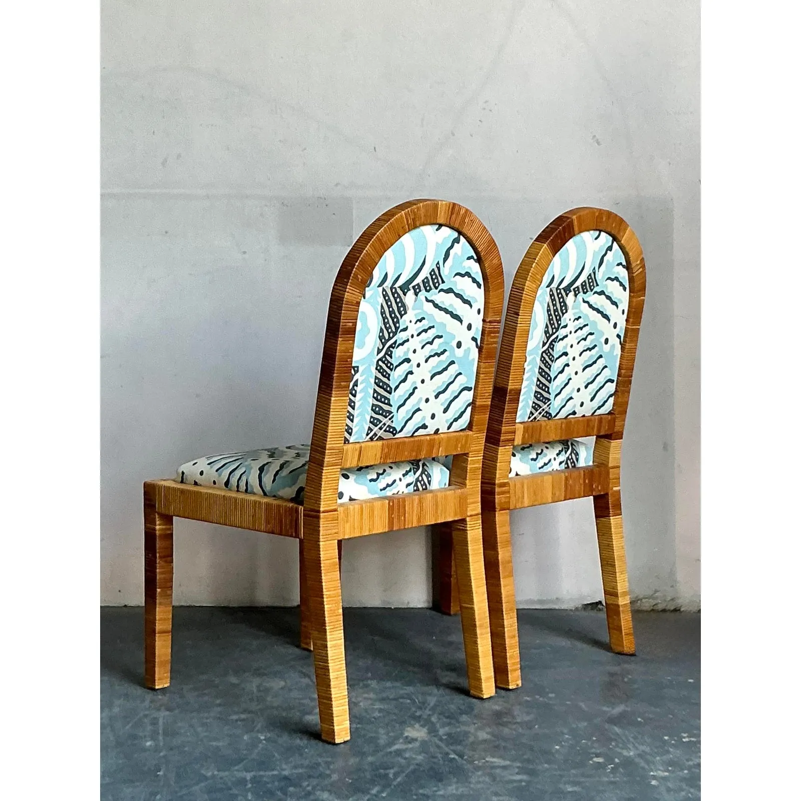 Vintage Boho Bielecky Brothers Wrapped Rattan Dining Chairs in Alan Campbell “Ferns” - A Pair — additional photo 1