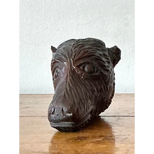 Vintage Boho Black Forest Carved Boar Head — additional photo 1