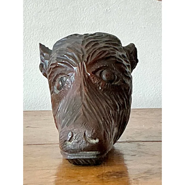 Vintage Boho Black Forest Carved Boar Head — additional photo 7