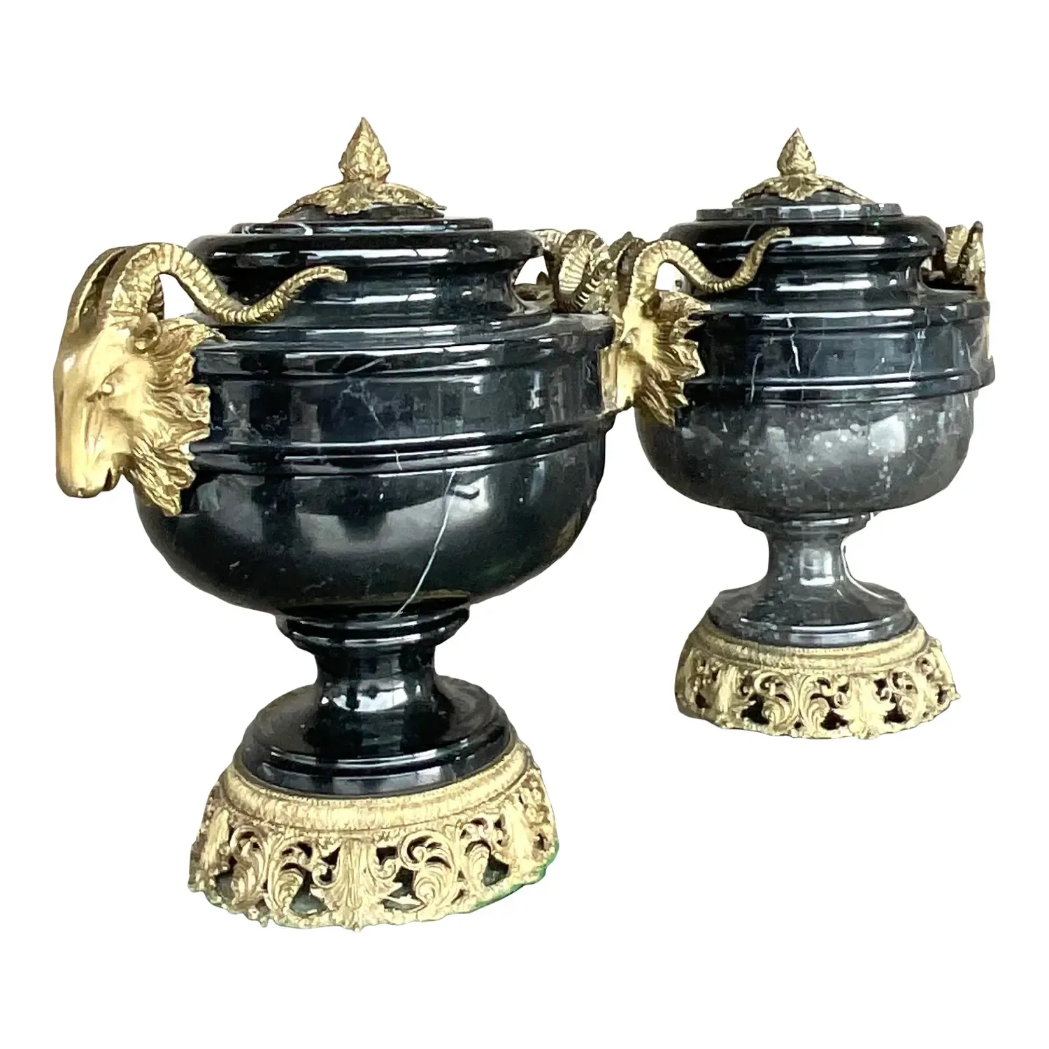 Vintage Boho Black Marble and Brass Ram’s Head Lidded Urns - a Pair