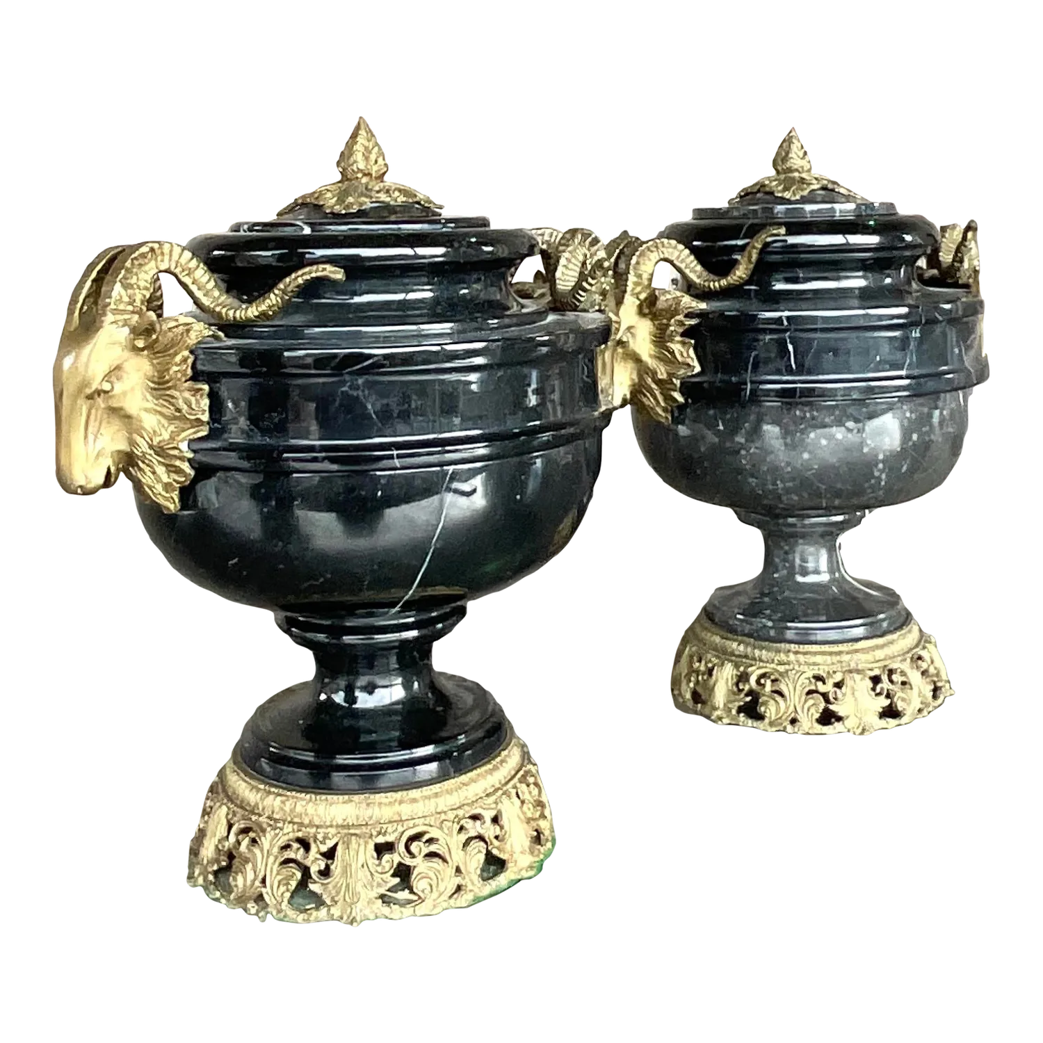 Vintage Boho Black Marble and Brass Ram’s Head Lidded Urns - a Pair — additional photo 3