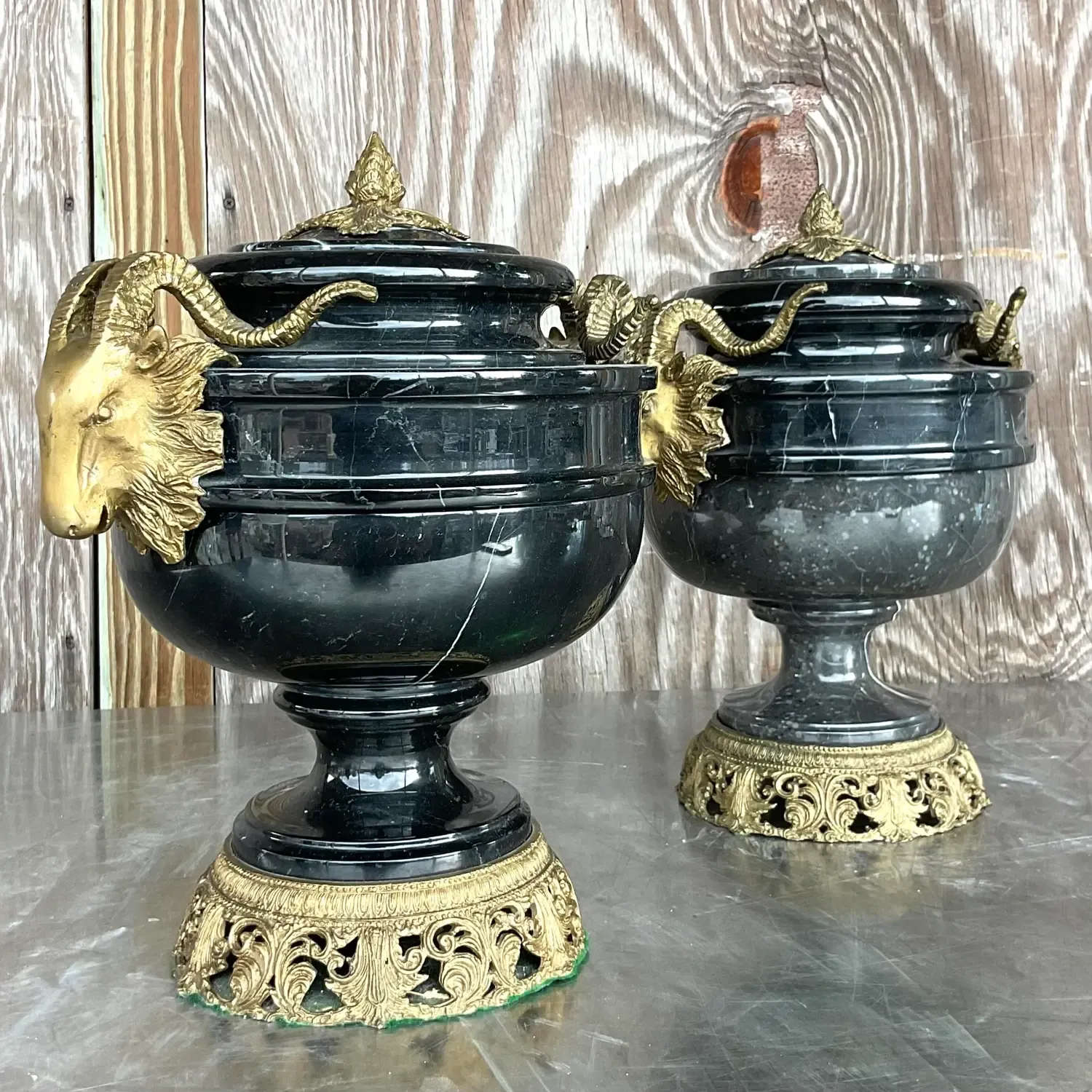 Vintage Boho Black Marble and Brass Ram’s Head Lidded Urns - a Pair — additional photo 7