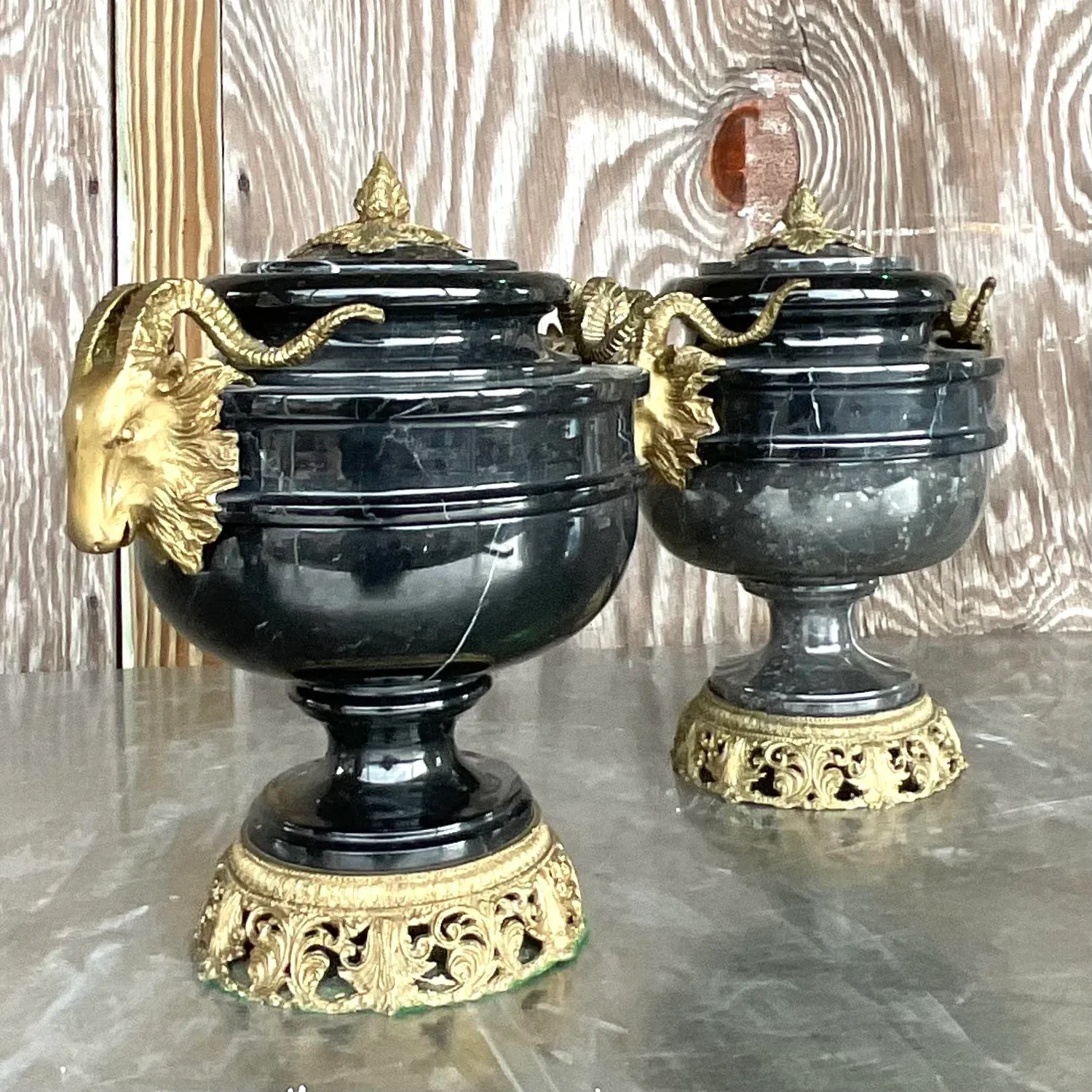 Vintage Boho Black Marble and Brass Ram’s Head Lidded Urns - a Pair — additional photo 8