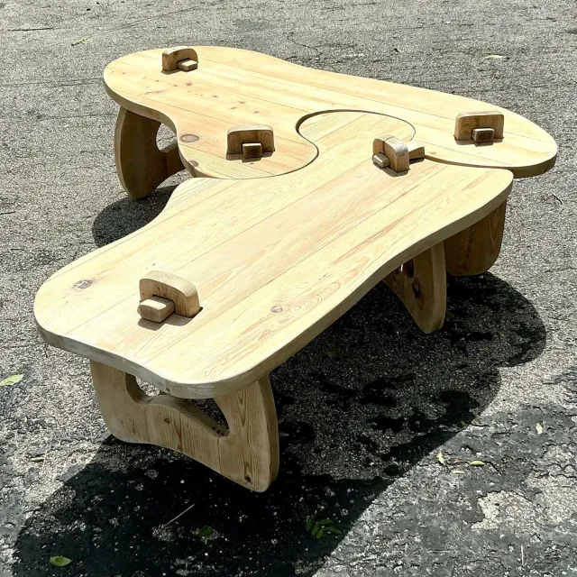 Vintage Boho Bleached Pine Puzzle Coffee Table — additional photo 1