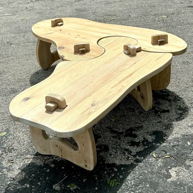 Vintage Boho Bleached Pine Puzzle Coffee Table — additional photo 2