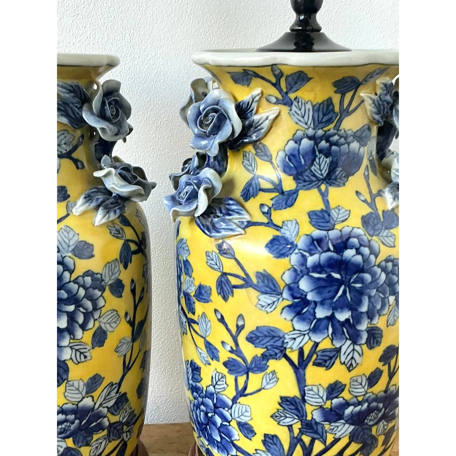 Vintage Boho Blue Rose Glazed Ceramic Vase Lamps - A Pair — additional photo 3