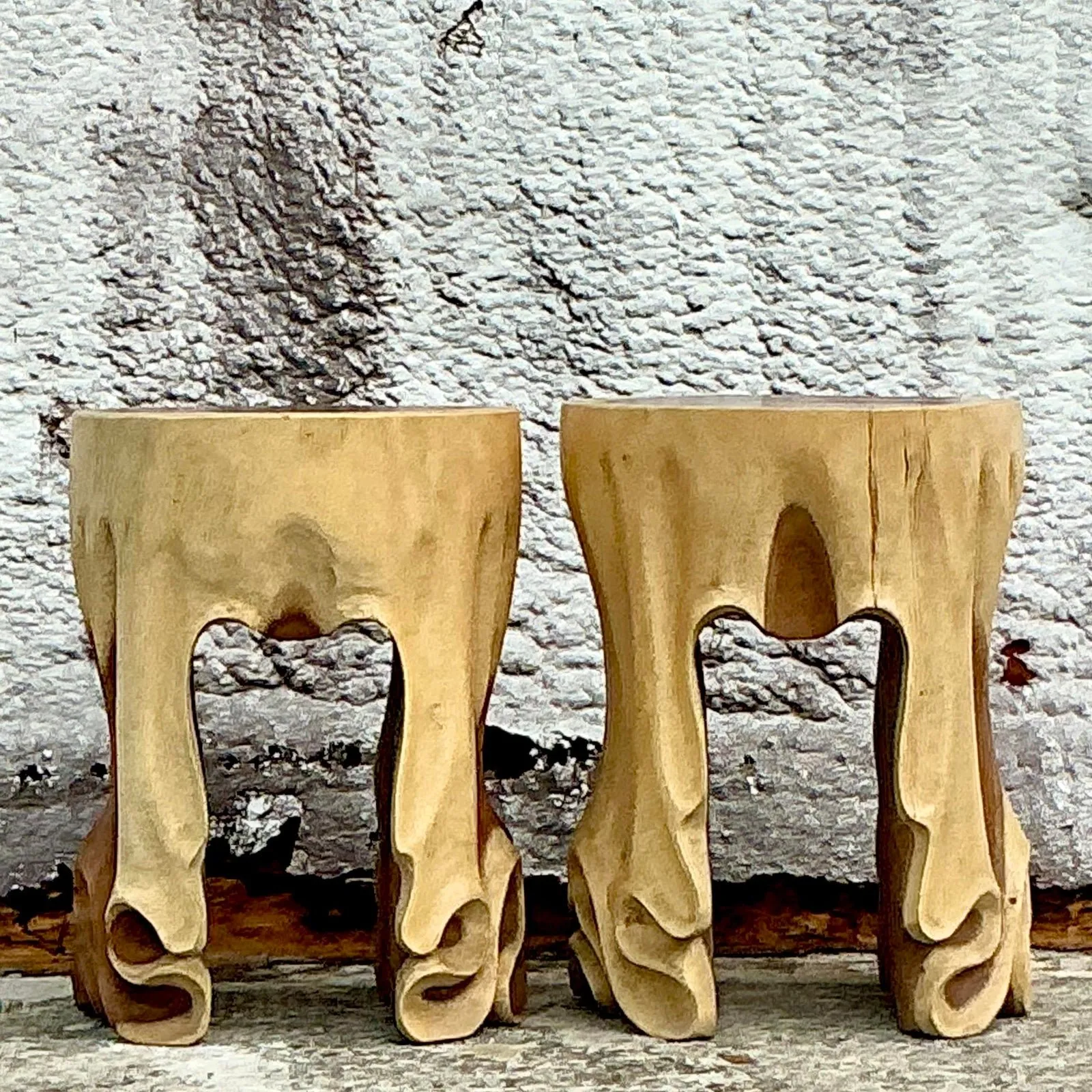 Vintage Boho Carved Drape Low Stools - a Pair — additional photo 2
