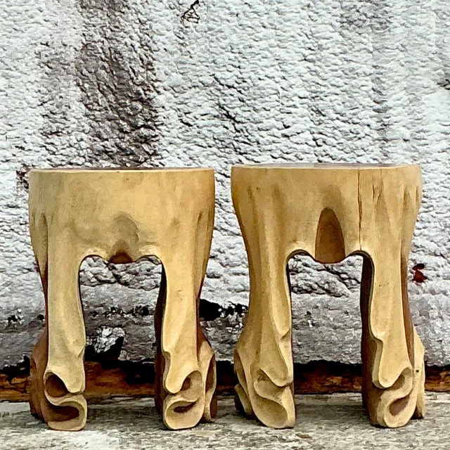 Vintage Boho Carved Drape Low Stools - a Pair — additional photo 2