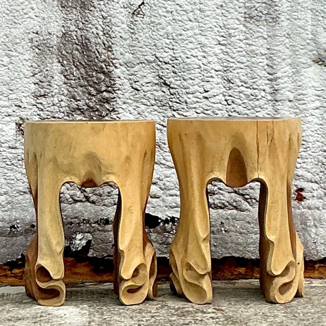 Vintage Boho Carved Drape Low Stools - a Pair — additional photo 5