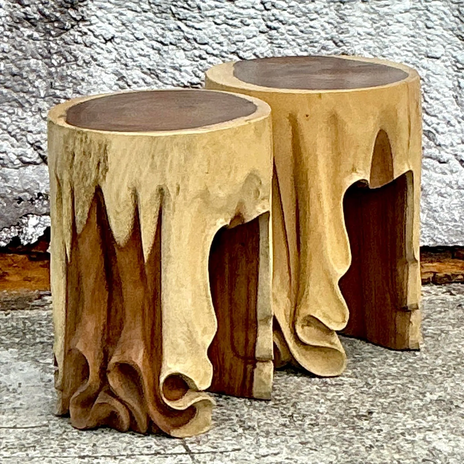 Vintage Boho Carved Drape Low Stools - a Pair — additional photo 7