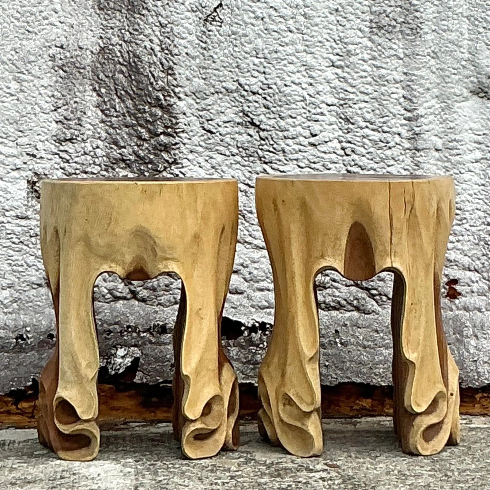 Vintage Boho Carved Drape Low Stools - a Pair — additional photo 3