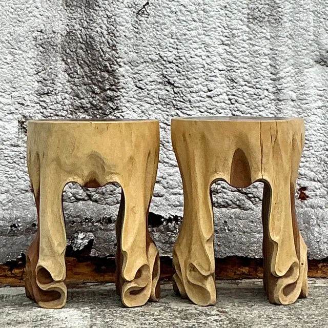 Vintage Boho Carved Drape Low Stools - a Pair — additional photo 3