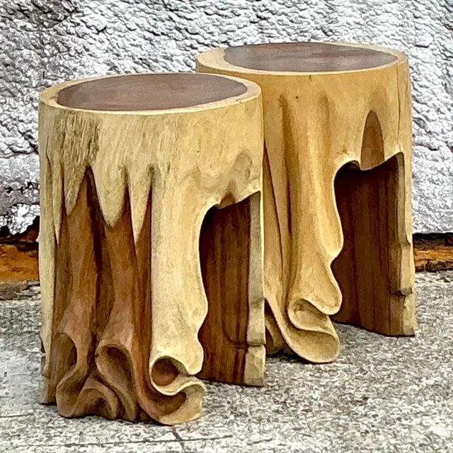 Vintage Boho Carved Drape Low Stools - a Pair — additional photo 4