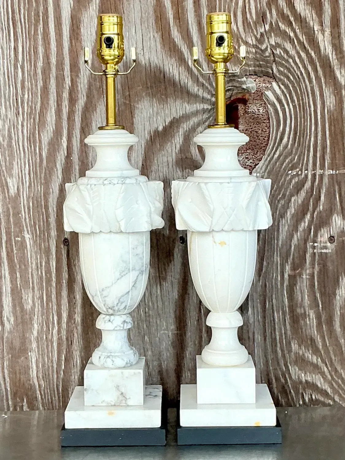 Vintage Boho Carved Stone Leaf Lamps - a Pair — additional photo 2
