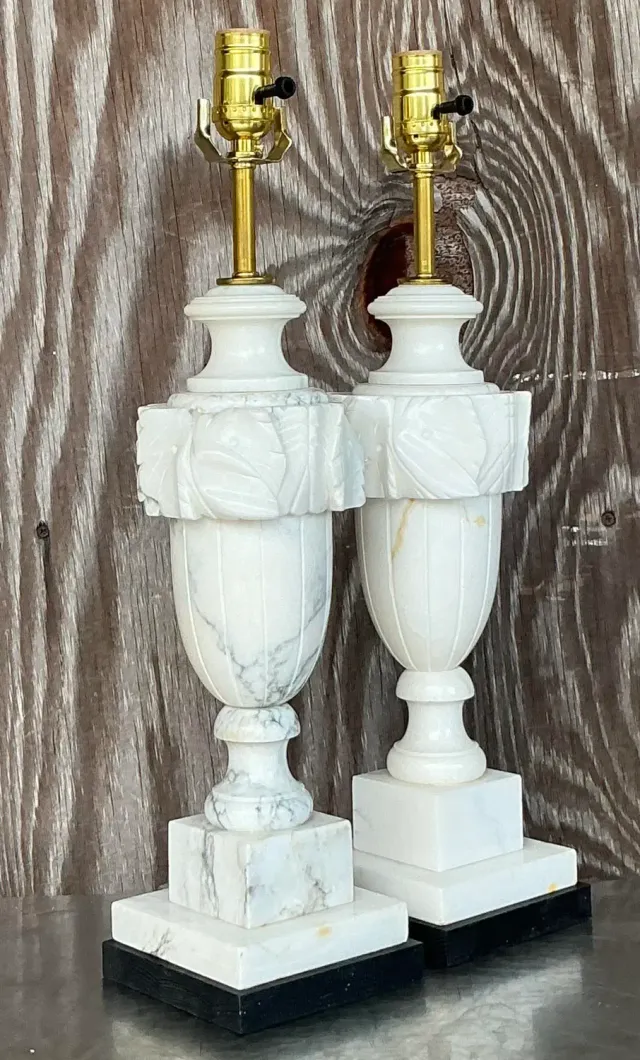Vintage Boho Carved Stone Leaf Lamps - a Pair — additional photo 3