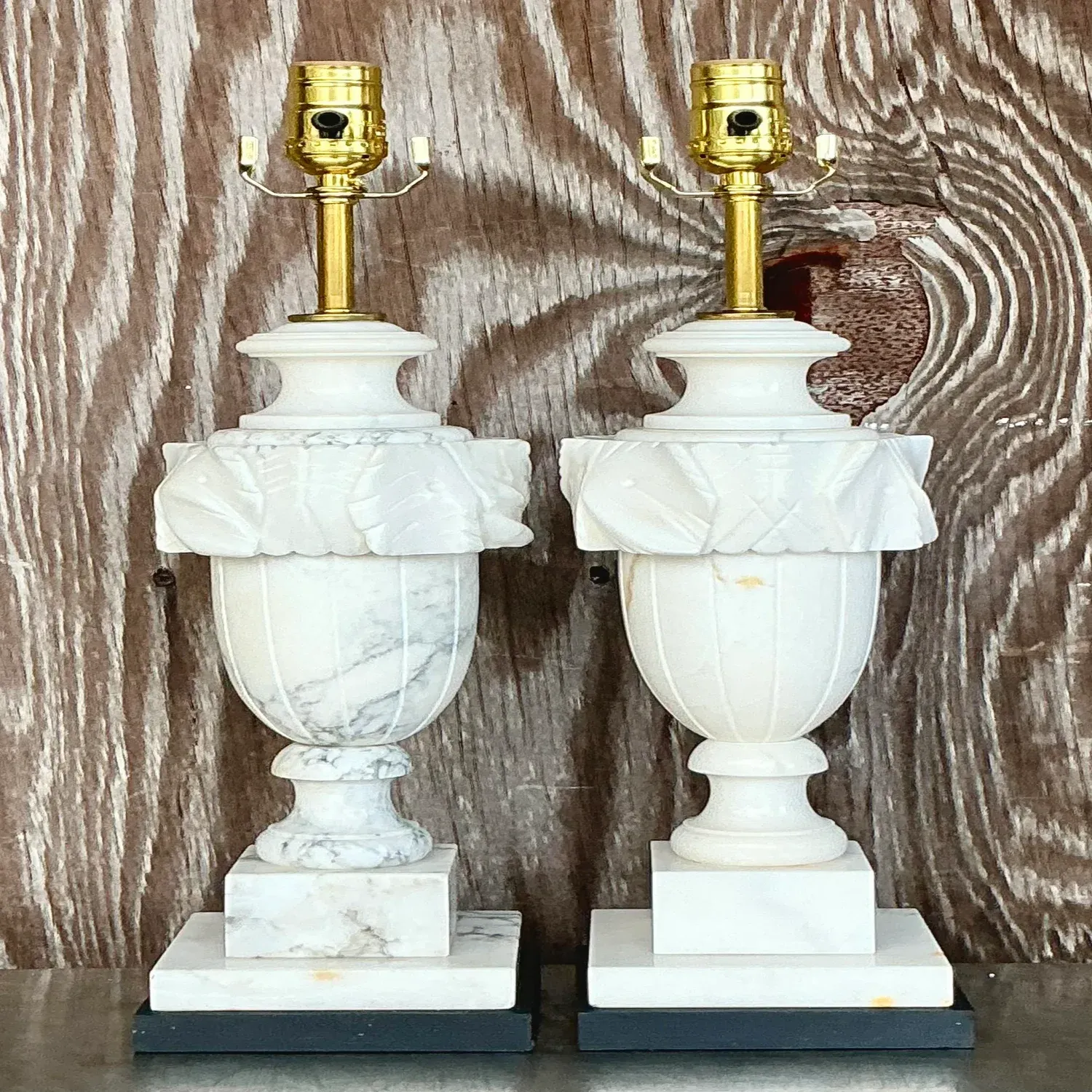 Vintage Boho Carved Stone Leaf Lamps - a Pair — additional photo 4
