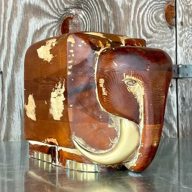 Vintage Boho Carved Wood and Brass Elephant — additional photo 1