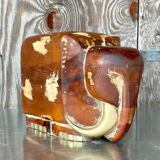 Vintage Boho Carved Wood and Brass Elephant — additional photo 2