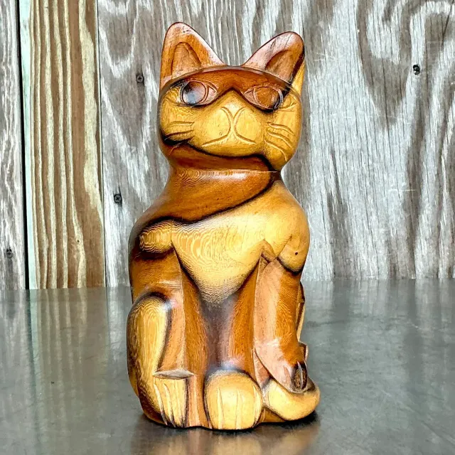 Vintage Boho Carved Wood Cat — additional photo 2