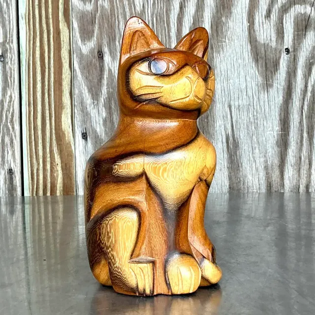 Vintage Boho Carved Wood Cat — additional photo 3
