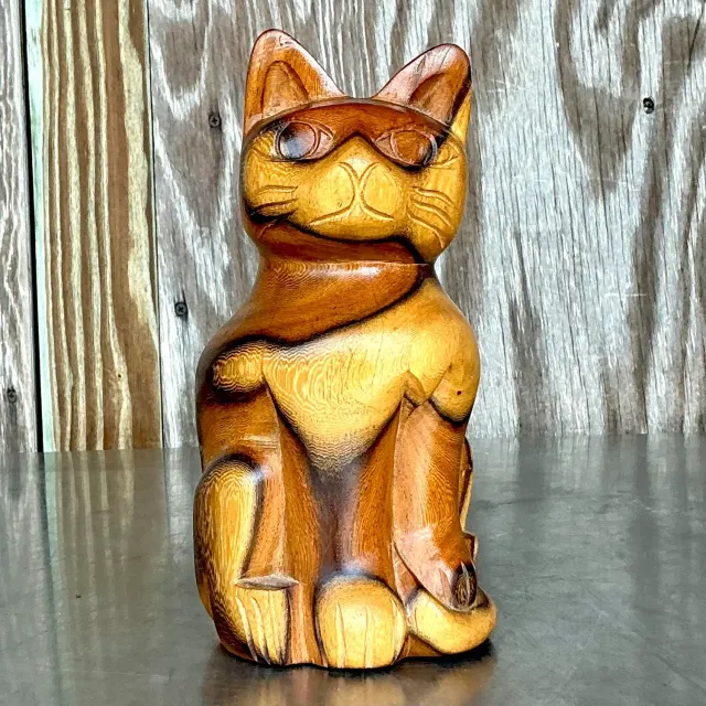 Vintage Boho Carved Wood Cat — additional photo 6