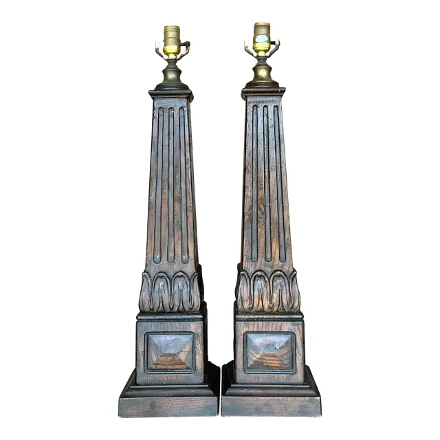Vintage Boho Carved Wood Column Lamps - a Pair — additional photo 1