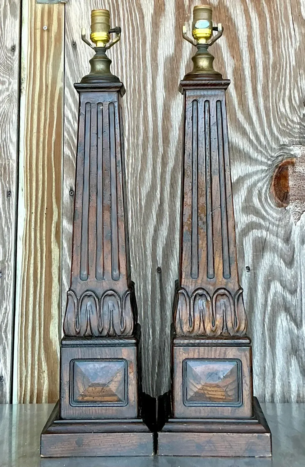 Vintage Boho Carved Wood Column Lamps - a Pair — additional photo 2