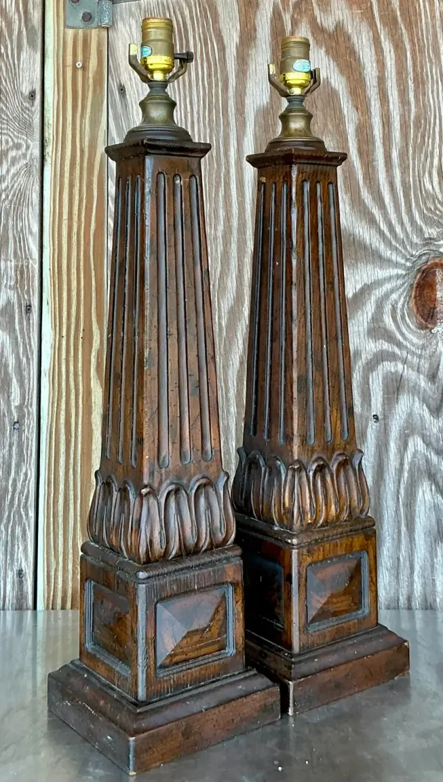 Vintage Boho Carved Wood Column Lamps - a Pair — additional photo 3