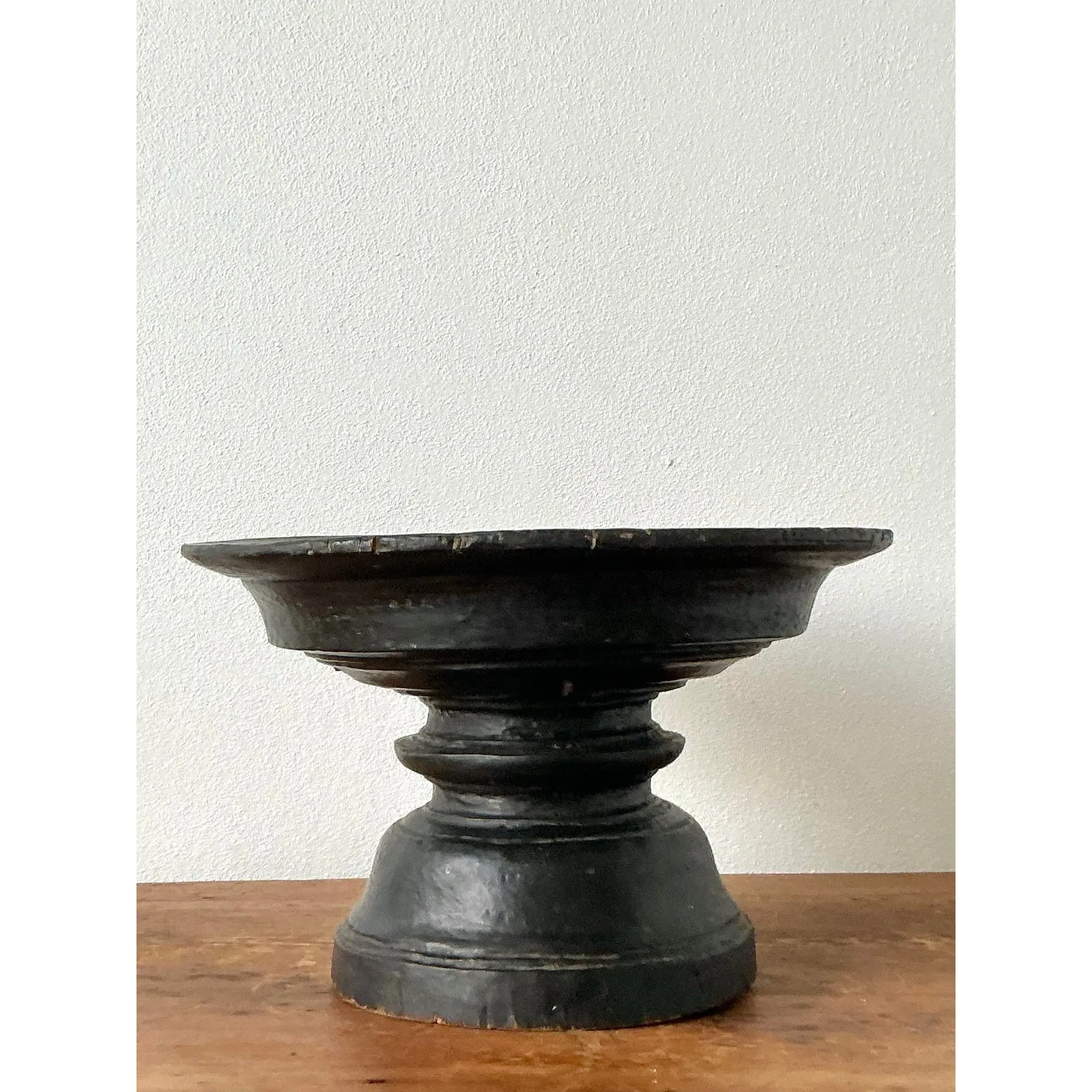 Vintage Boho Carved Wood Decorative Pedestal Bowl — additional photo 1