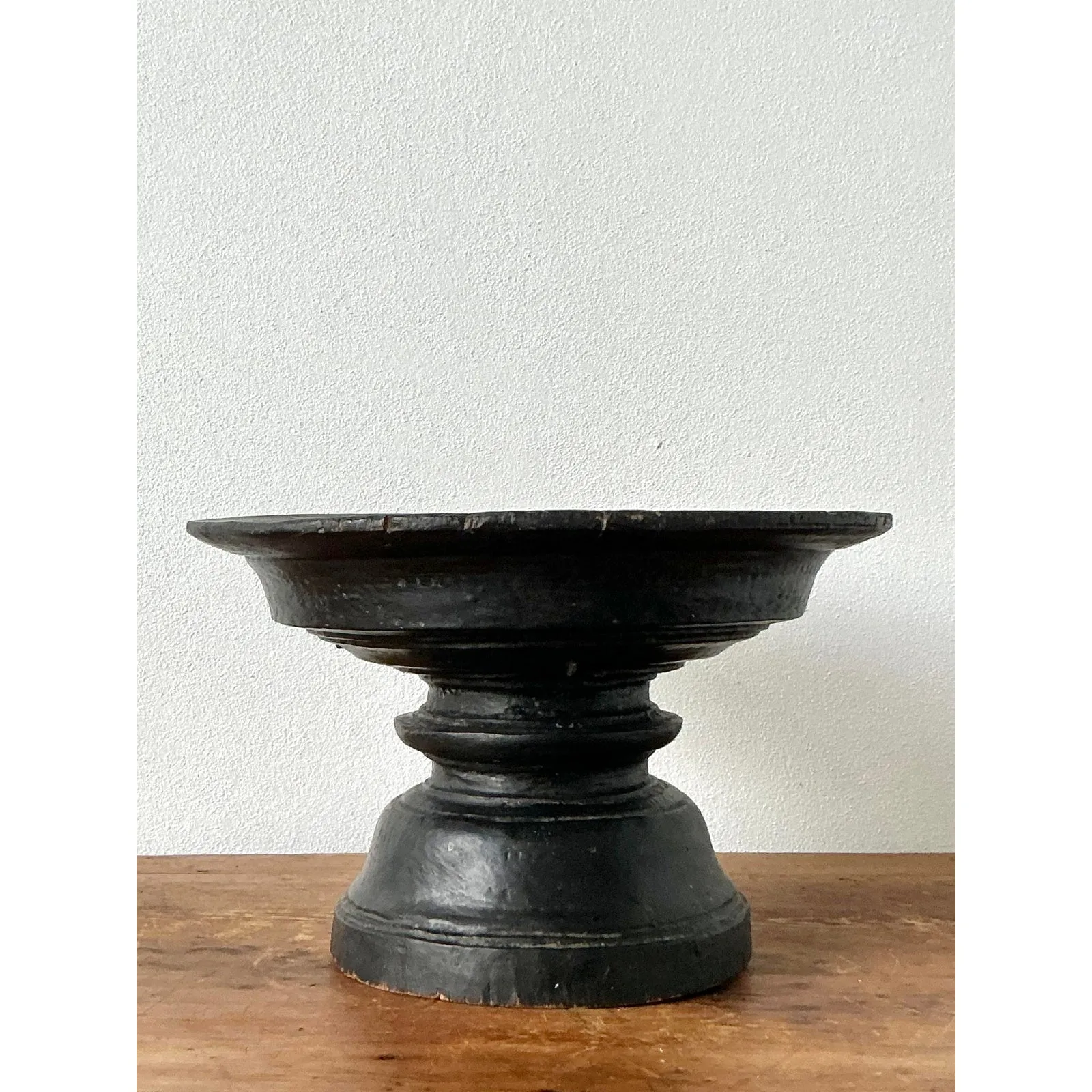 Vintage Boho Carved Wood Decorative Pedestal Bowl — additional photo 3