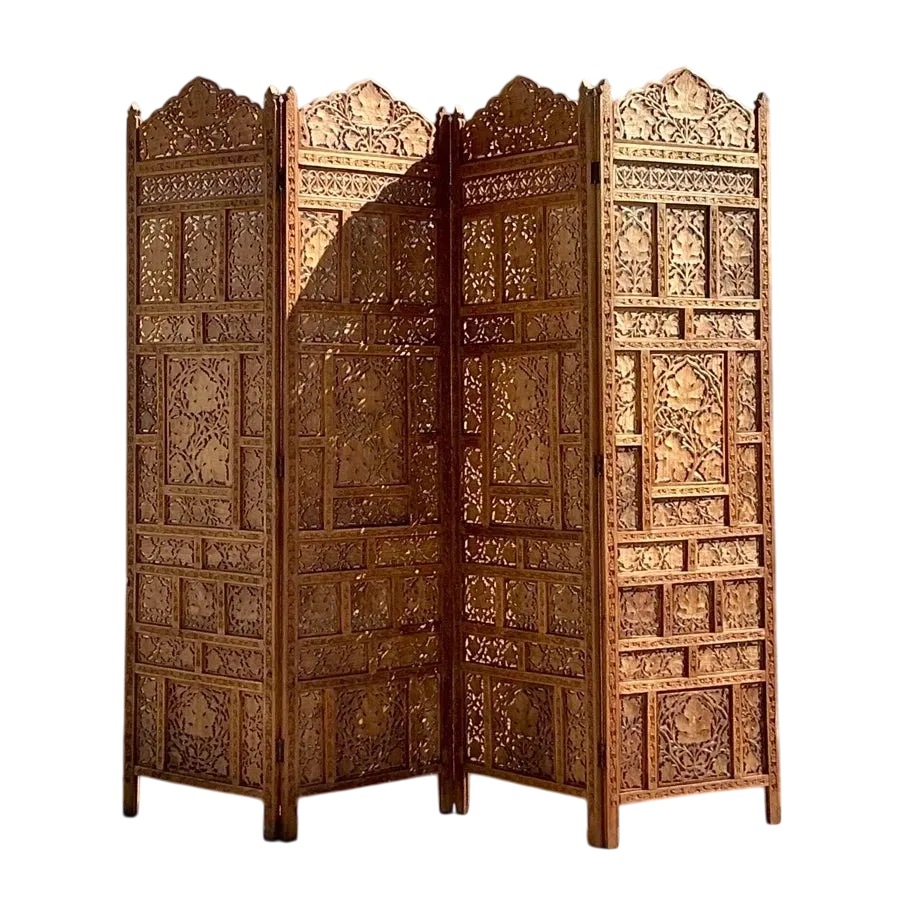 Vintage Boho Carved Wood Folding Screen
