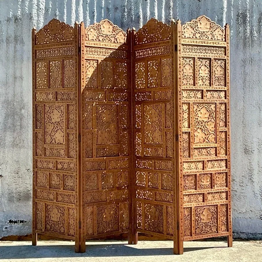 Vintage Boho Carved Wood Folding Screen — additional photo 4