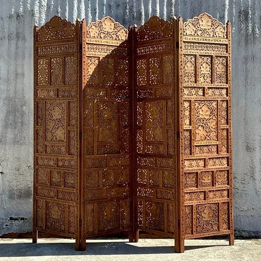 Vintage Boho Carved Wood Folding Screen — additional photo 5