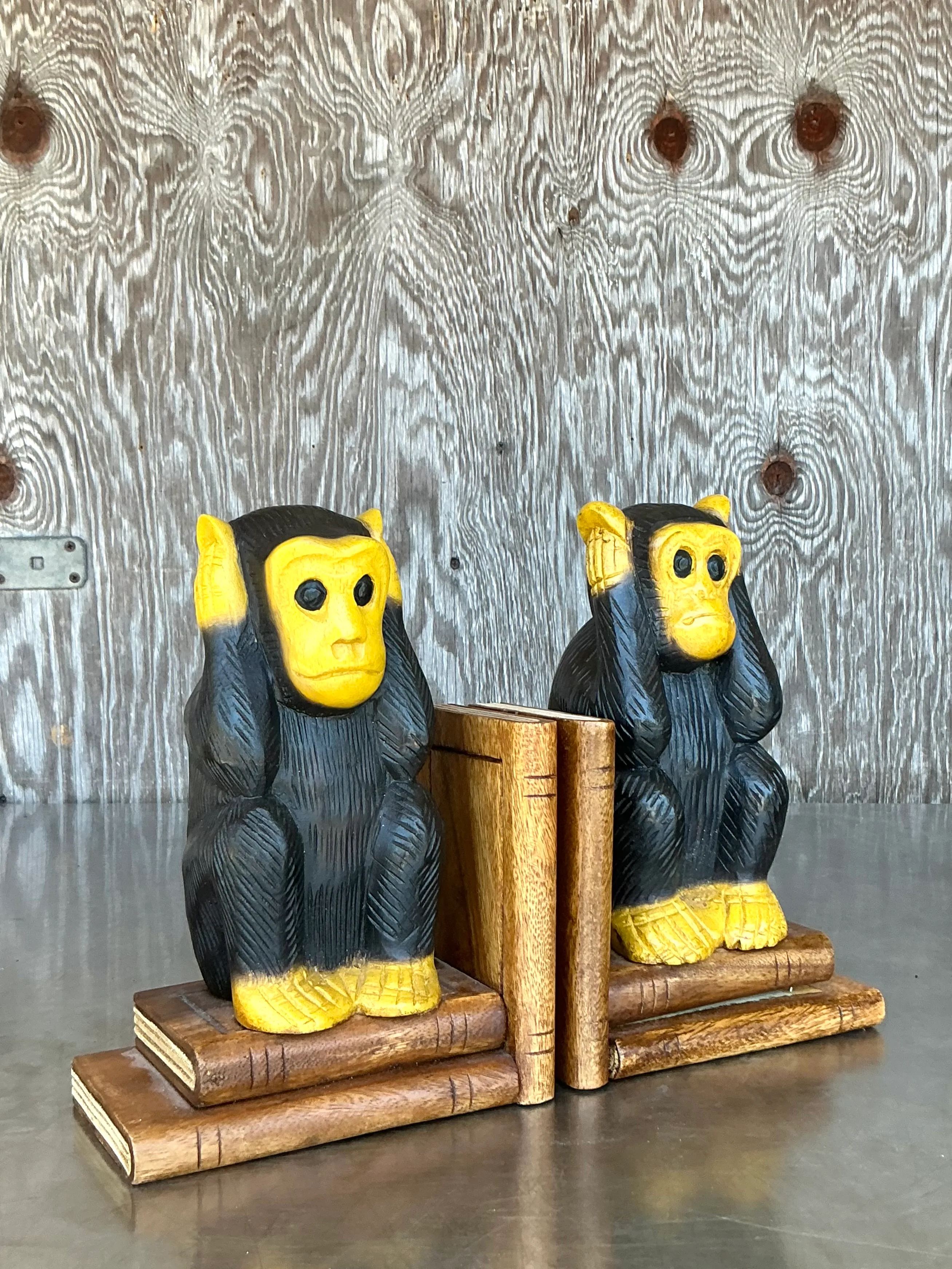Vintage Boho Carved Wood Monkey Bookends - A Pair — additional photo 1